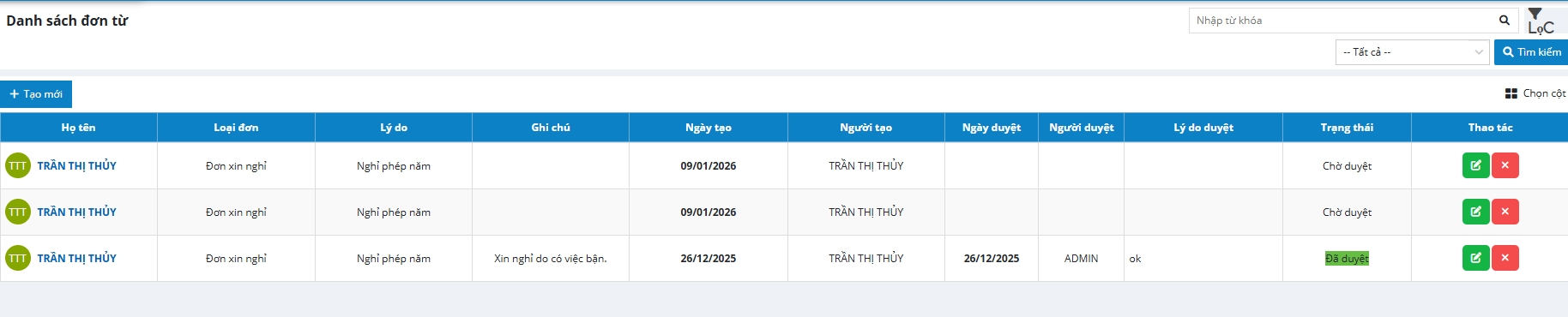 Màn danh sách đơn từ